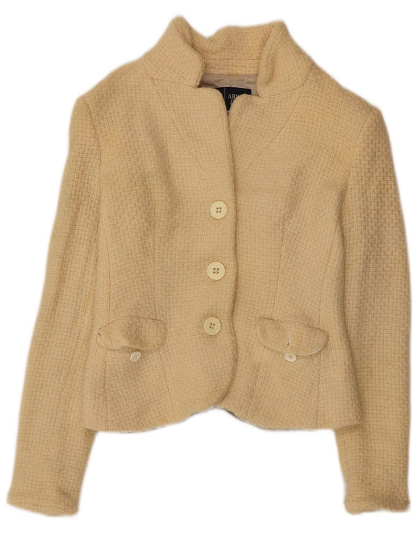 ARMANI JEANS Giacca blazer corta da donna a 3 bottoni UK 12 Lana beige medio