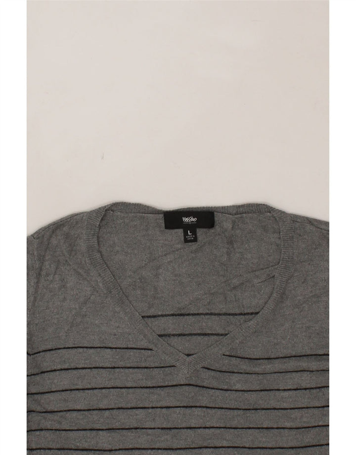 MOSSIMO Womens V-Neck Jumper Sweater UK 14 Large Grey Striped Nylon Vintage Mossimo and Second-Hand Mossimo from Messina Hembry 