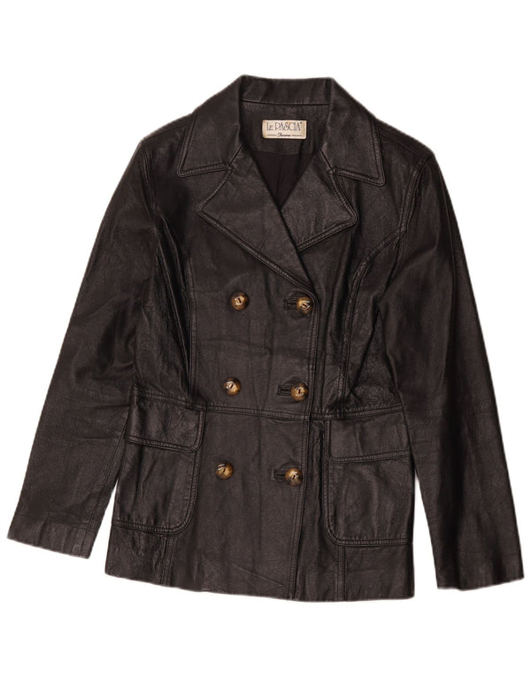 Giacca in pelle doppiopetto vintage da donna UK 8 piccola nera classica