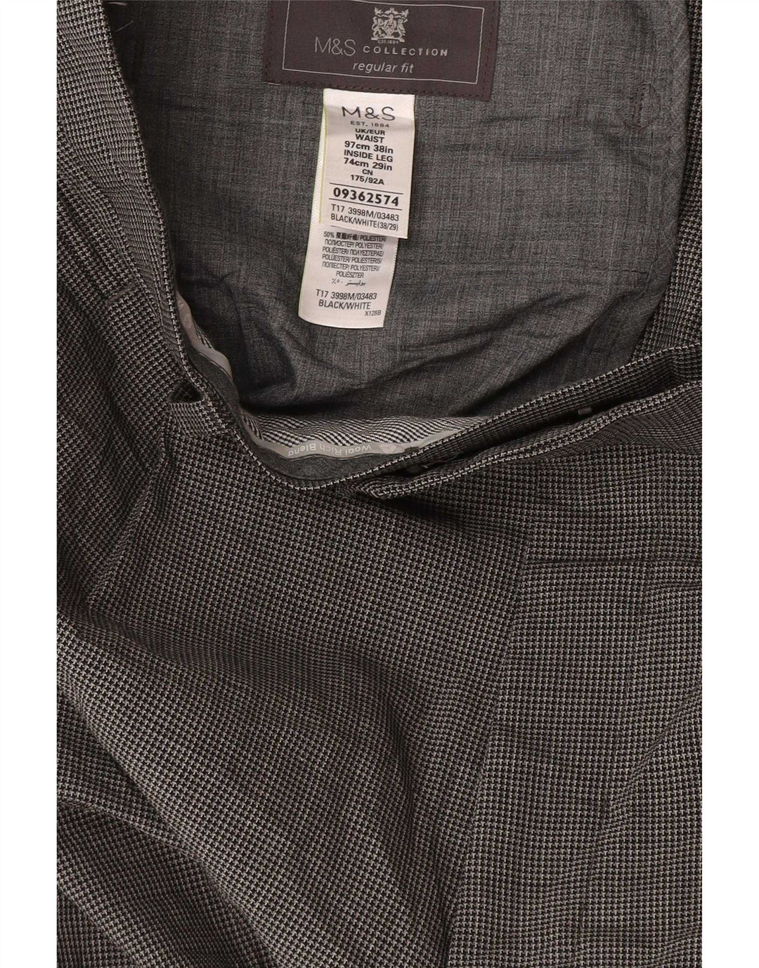 Pantaloni da abito dritti da uomo Marks & Spencer W38 L29 pied de poule grigi