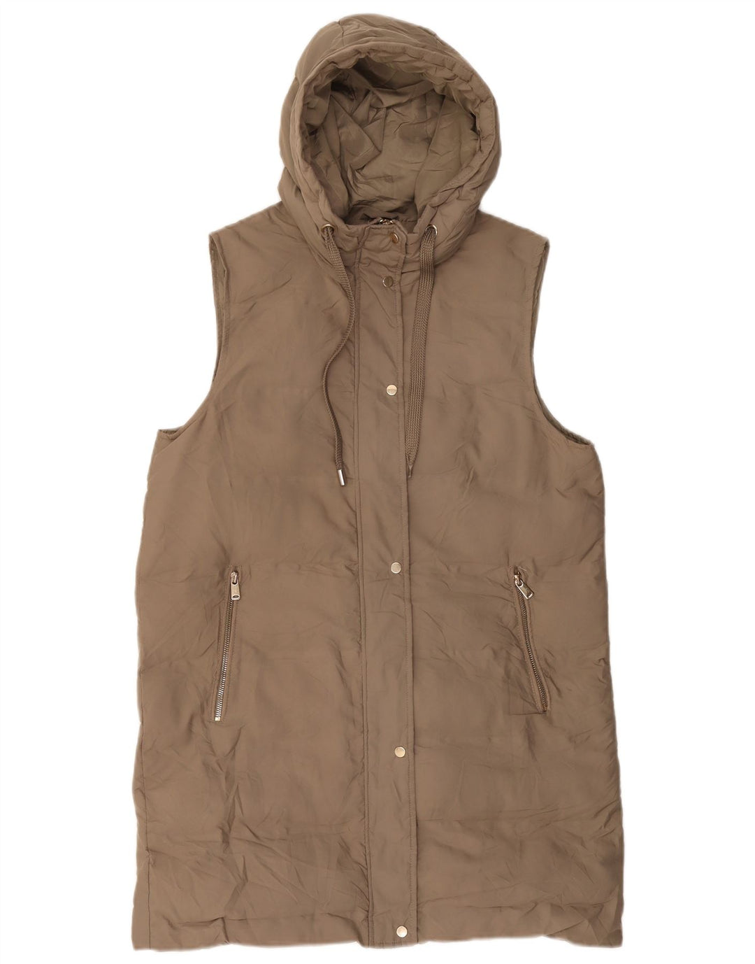 Gilet imbottito con cappuccio lungo da donna ZARA UK 12 Poliestere beige medio