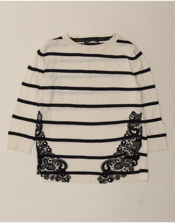 Marks & Spencer Top da donna manica 3/4 UK 8 piccolo cotone a righe bianche