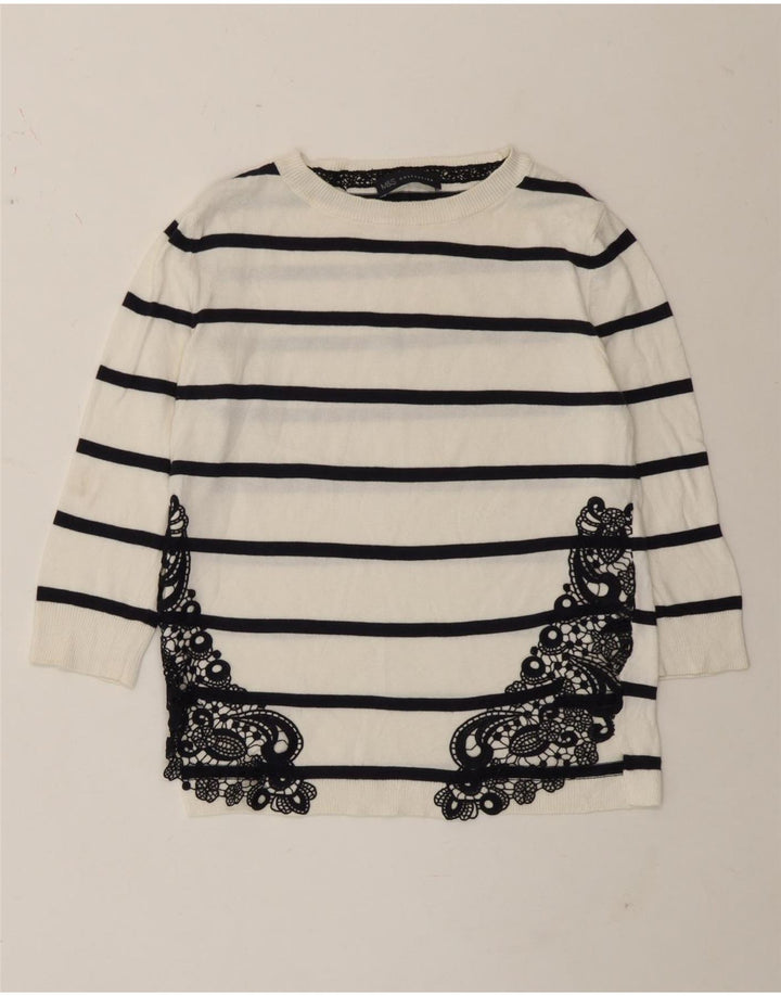 Marks & Spencer Top da donna manica 3/4 UK 8 piccolo cotone a righe bianche