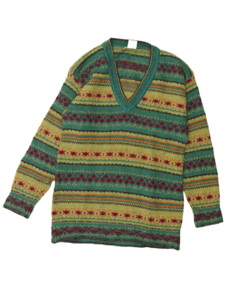PIU VERONA Maglione da donna con scollo a V UK 14 Verde medio Fair Isle