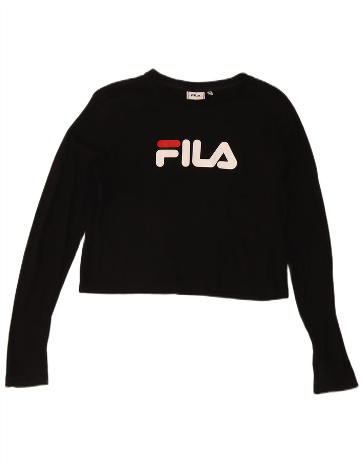 Top corto grafico da donna FILA manica lunga UK 14 medio nero