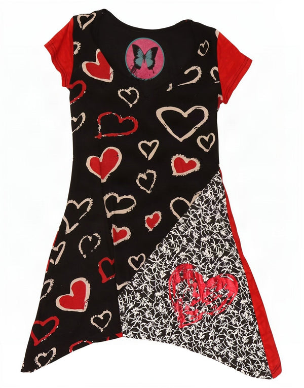Desigual Abito asimmetrico grafico da donna UK 10 Piccolo cuore floreale nero