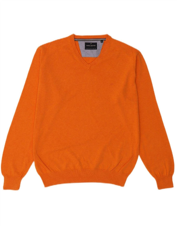 DANIEL HECHTER Mens V-Neck Jumper Sweater Medium Orange Cotton