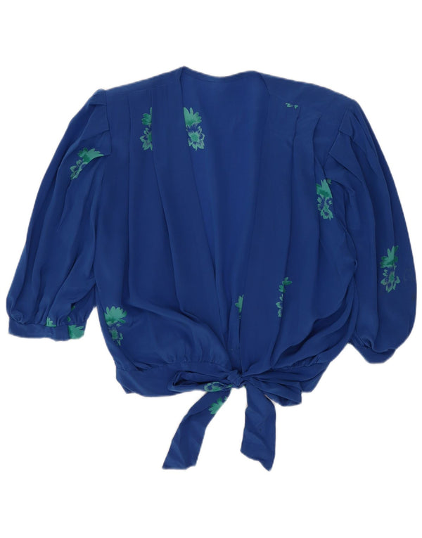 Top cardigan corto da donna vintage UK 14 blu medio floreale