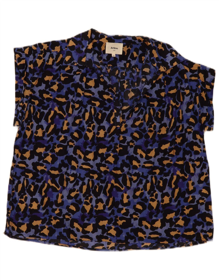 Camicetta oversize da donna vintage top EU 36 piccolo cotone blu con stampa animalier
