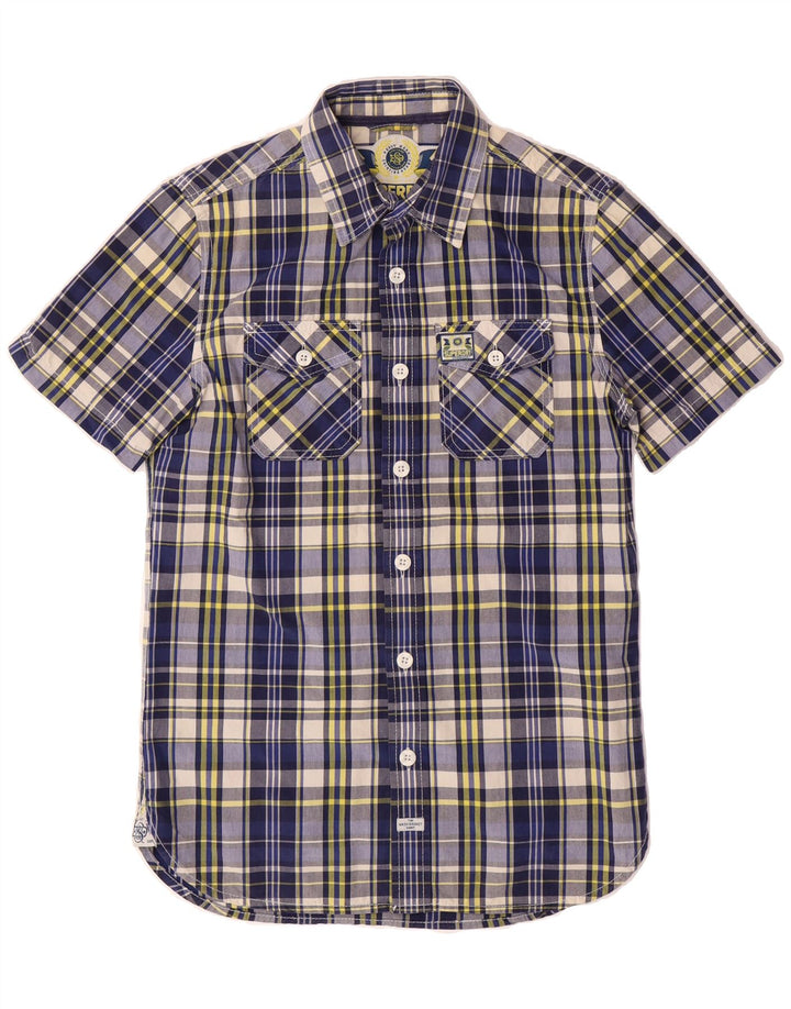 SUPERDRY Mens Short Sleeve Shirt Small Navy Blue Check Cotton Vintage Superdry and Second-Hand Superdry from Messina Hembry 