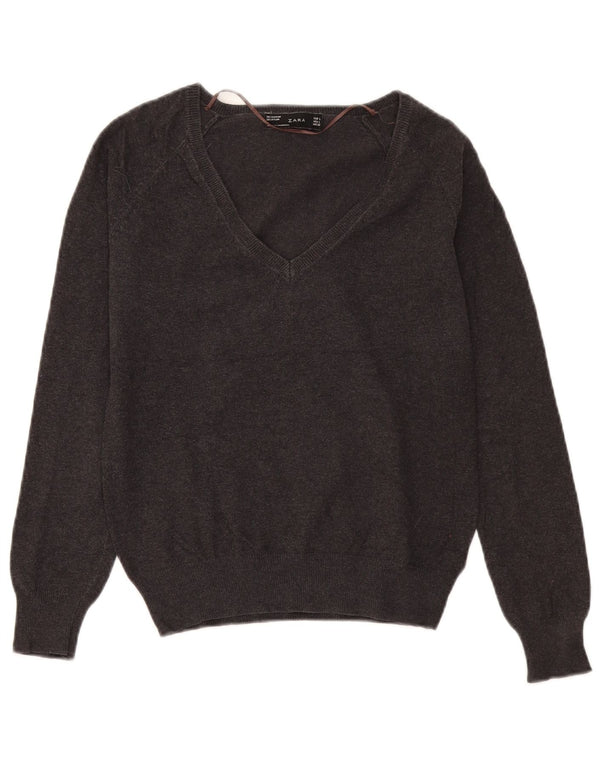 Maglione Zara da donna con scollo a V UK 14 grande cotone grigio