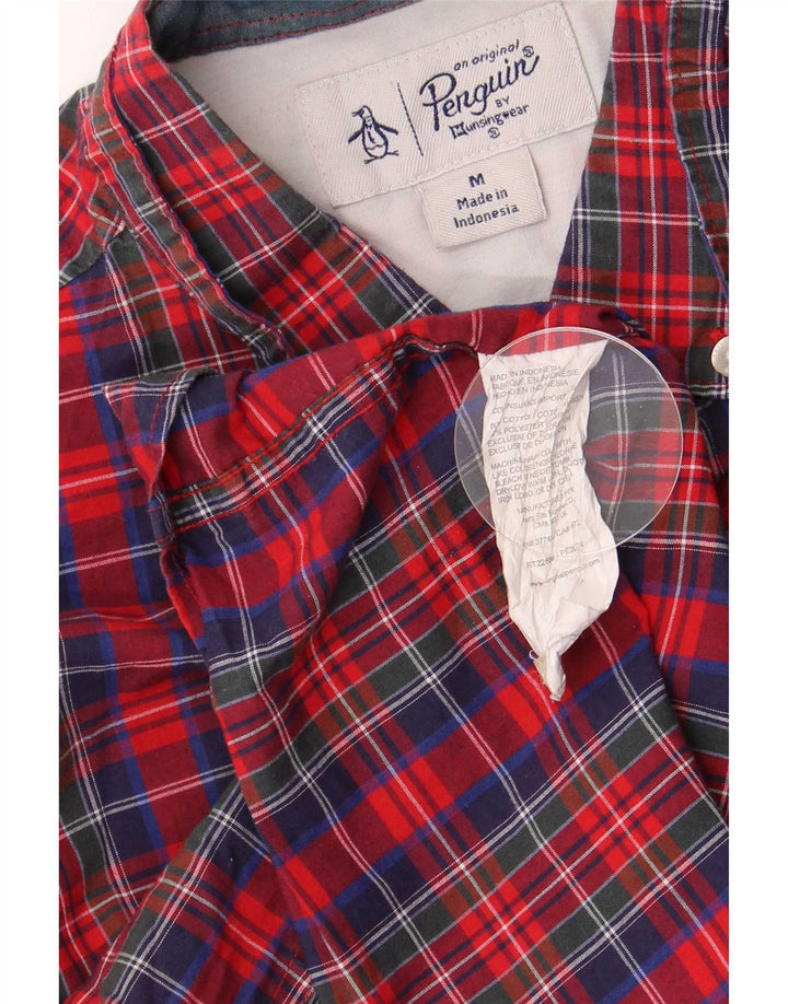 Camicia a maniche corte da uomo Penguin in cotone a quadri rossi medi