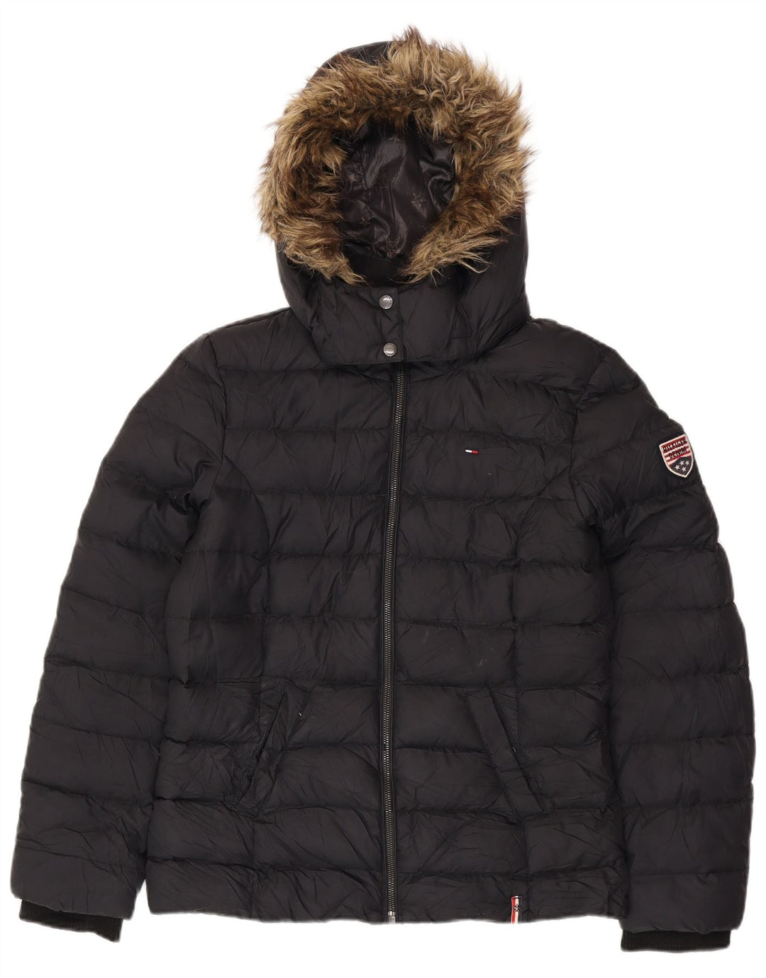 TOMMY HILFIGER Giacca imbottita con cappuccio da donna UK 16 Large Nero Poliestere