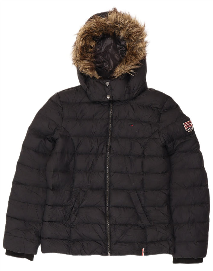 TOMMY HILFIGER Giacca imbottita con cappuccio da donna UK 16 Large Nero Poliestere