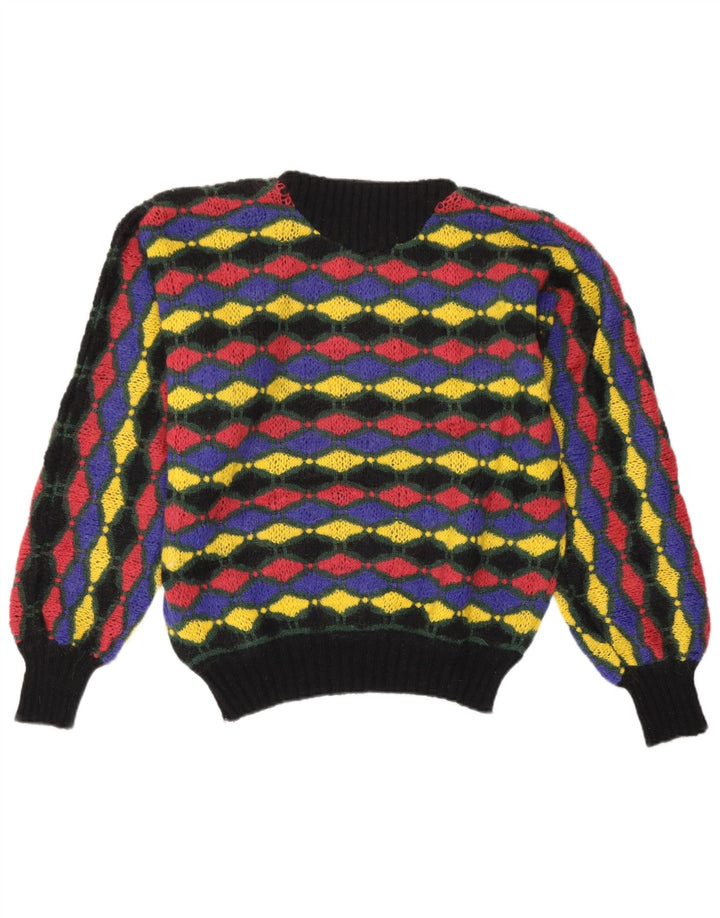Maglione da donna vintage con scollo a barca IT 46 Grande motivo geometrico multicolore