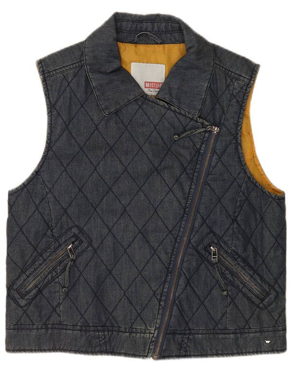 MUSTANG Womens Padded Denim Gilet UK 16 Large Navy Blue Argyle/Diamond