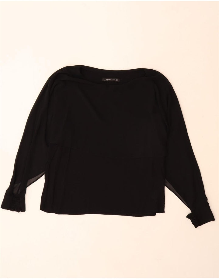 ZARA Camicetta a Maniche Lunghe da Donna UK 14 Large Nero Poliestere