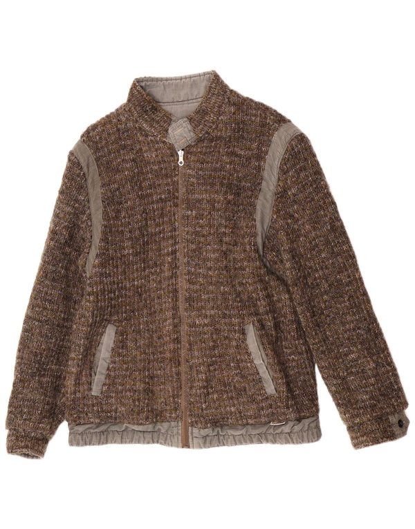 Giubbotto bomber reversibile in maglia vintage da uomo IT 46 piccolo in lana marrone