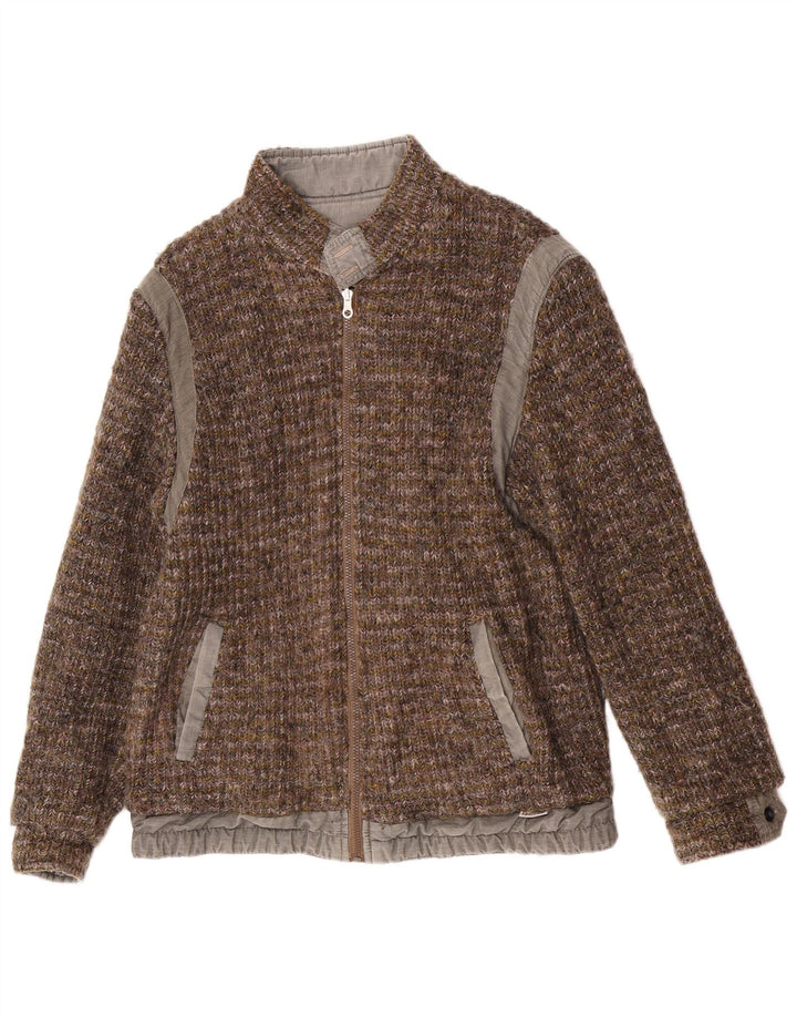 Giubbotto bomber reversibile in maglia vintage da uomo IT 46 piccolo in lana marrone
