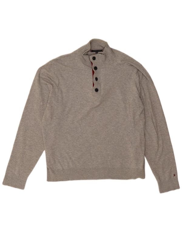 Tommy Hilfiger Mens Button Neck Jumper Sweater 2XL Grey Cotton