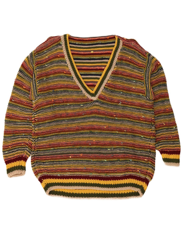 Maglione maglione vintage da donna con scollo a V UK 16 grandi righe multicolori