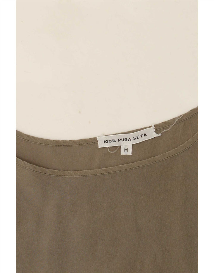 Canottiera vintage da donna UK 14 media seta kaki