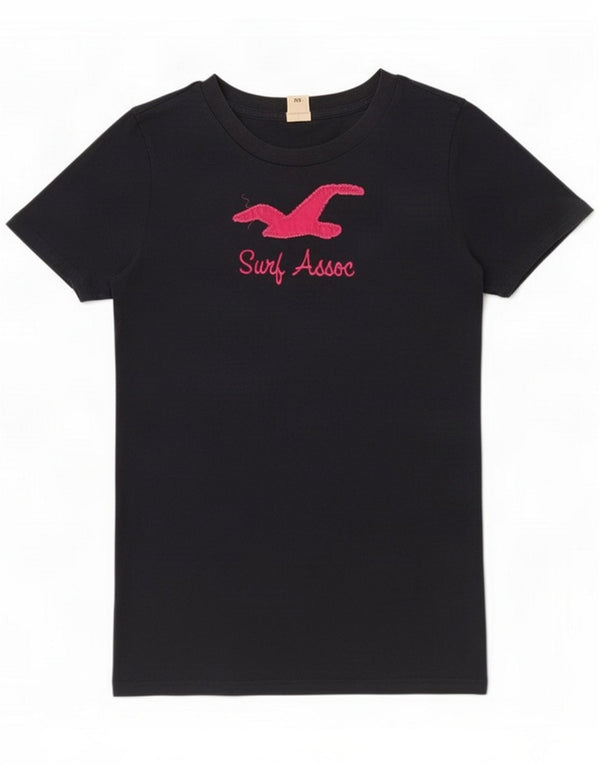 Hollister T-shirt grafica da donna UK 14 Large Blu Navy Cotton