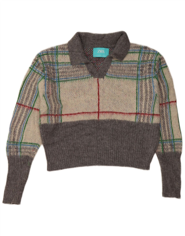 Maglione corto corto da donna Zara con collo a polo oversize UK 14 grigio medio a quadri