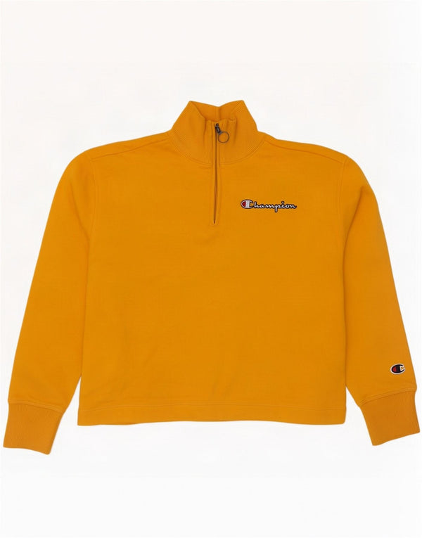 Felpa Champion da donna con collo corto e zip, maglione UK 6 XS, cotone giallo
