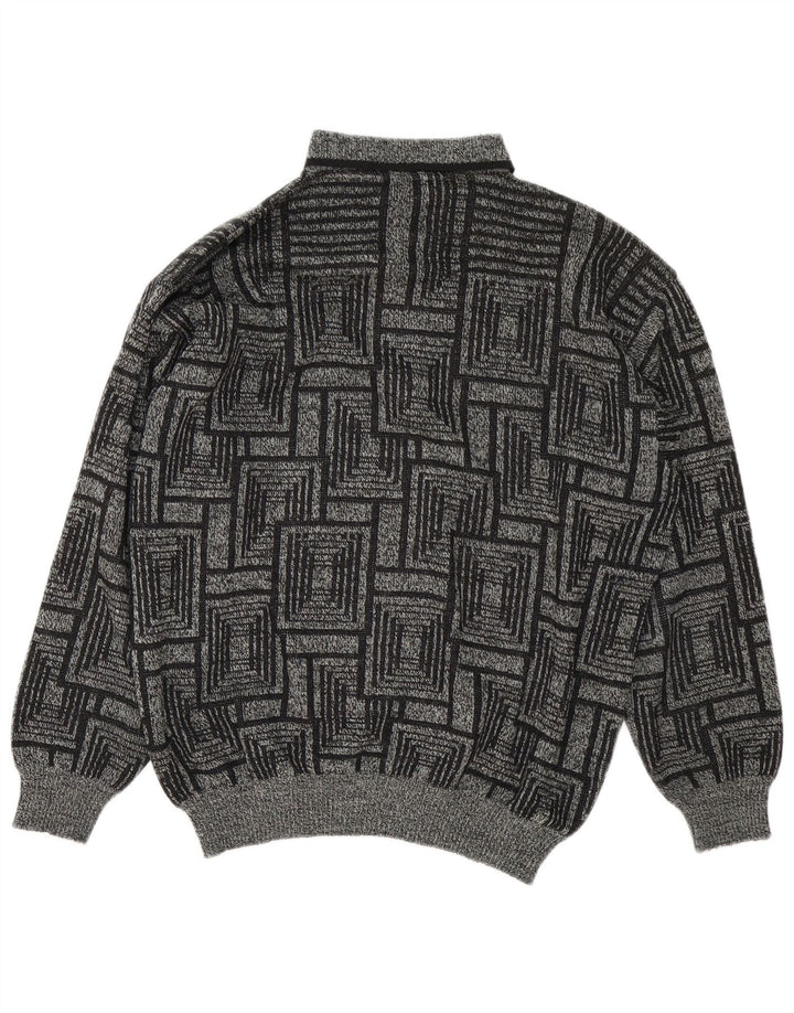 Maglione Uomo Vintage a Collo Alto Taglia L Grigio Geometrico