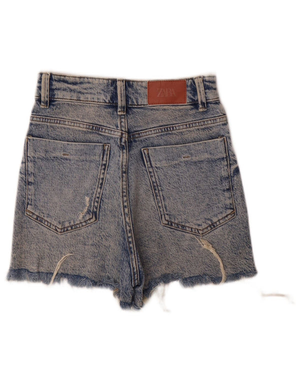 Pantaloncini di jeans a vita alta invecchiati da donna Zara EU 32 2XS W22 cotone blu