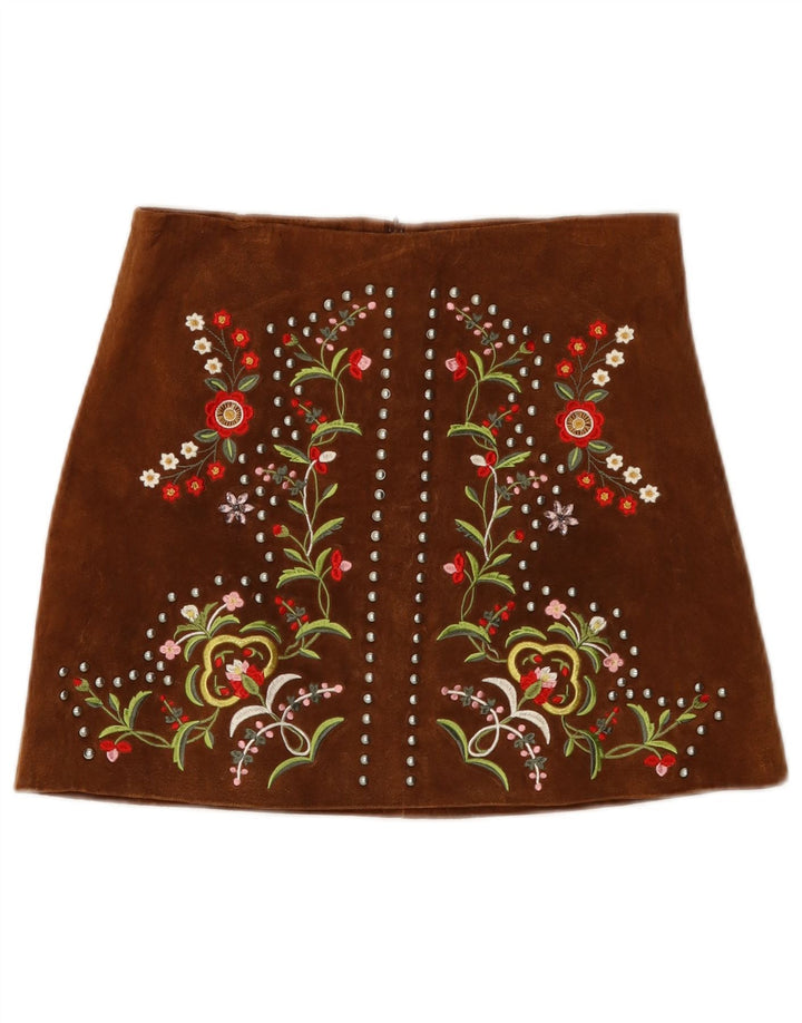 Gonna in pelle scamosciata da donna Zara piccola W26 in pelle floreale marrone