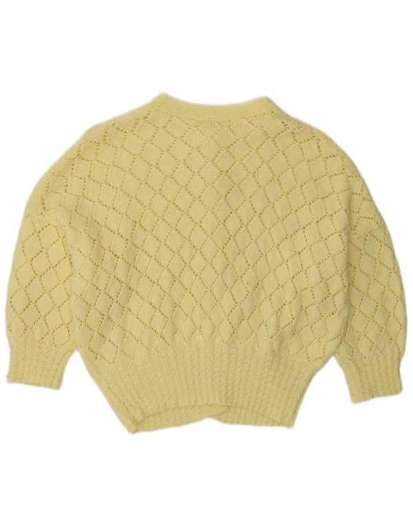 Maglione cardigan con maniche a 3/4 da donna vintage UK 16 grande giallo