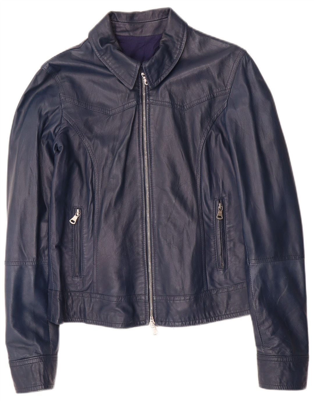 Giacca in pelle corta da donna vintage UK 14 grande in pelle blu navy