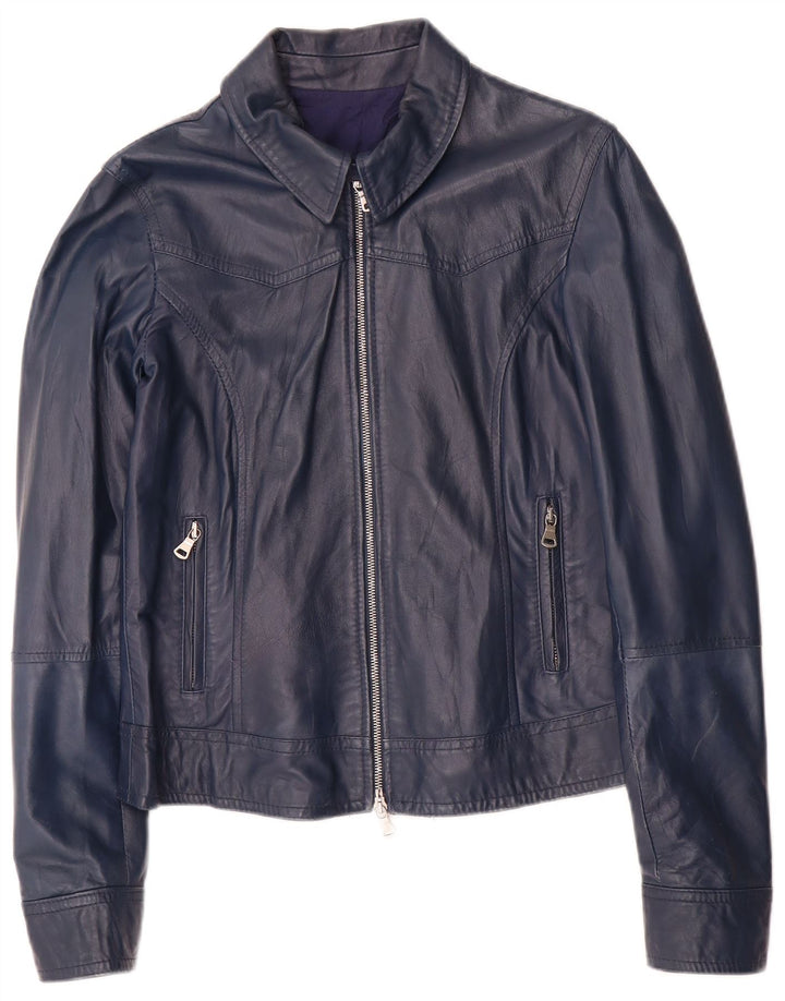 Giacca in pelle corta da donna vintage UK 14 grande in pelle blu navy