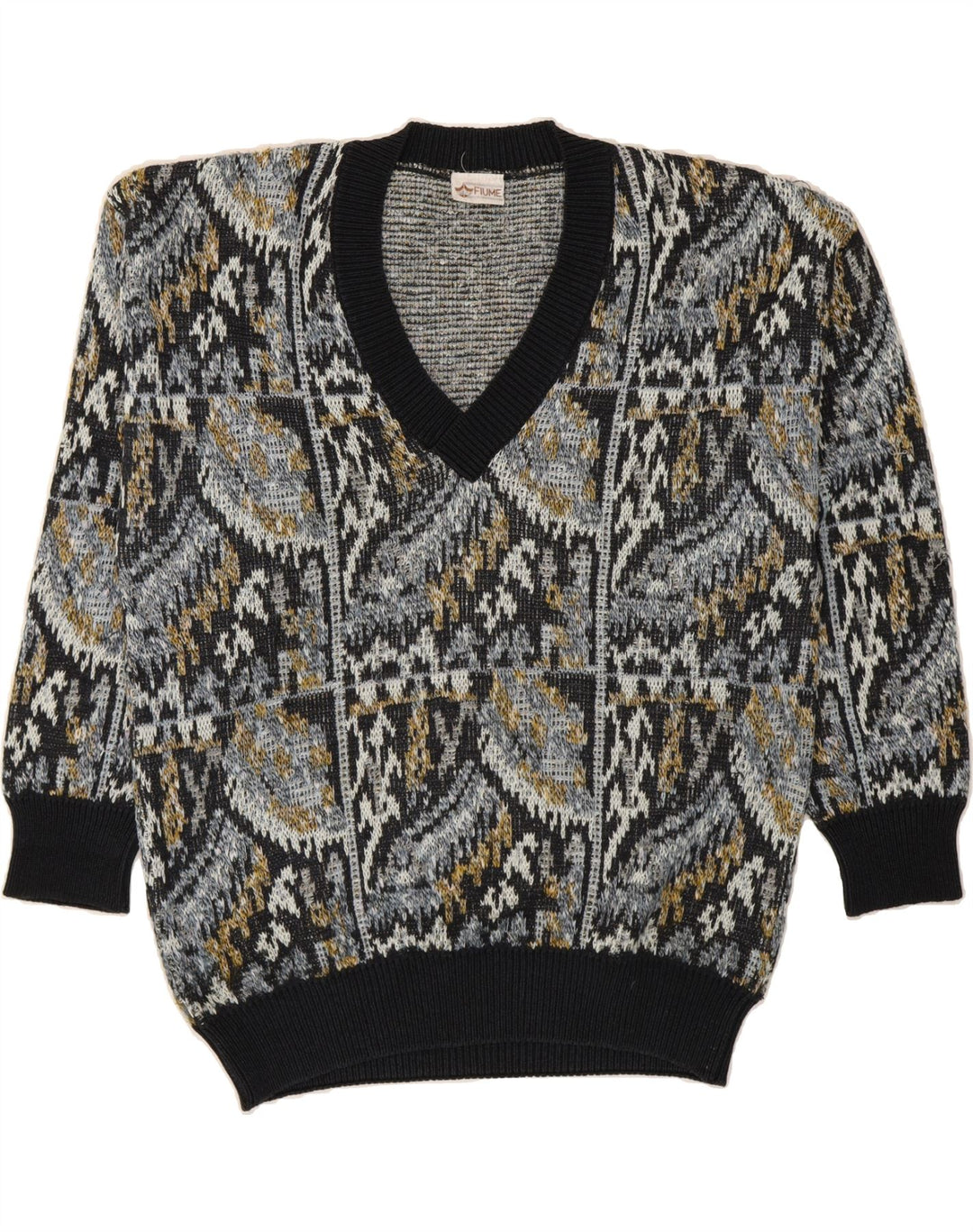 FIUME Mens Abstract Pattern V-Neck Jumper Sweater IT 52 Large Navy Blue Vintage Fiume and Second-Hand Fiume from Messina Hembry 