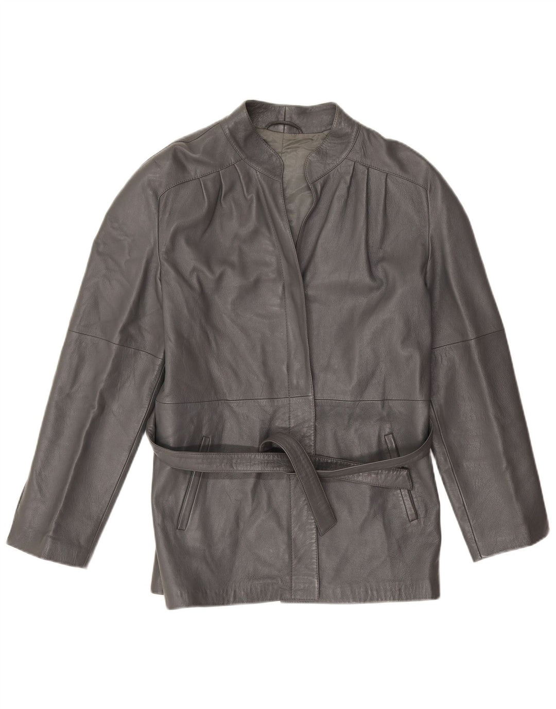 Giacca da donna vintage in pelle avvolgente IT 46 grande in pelle grigia