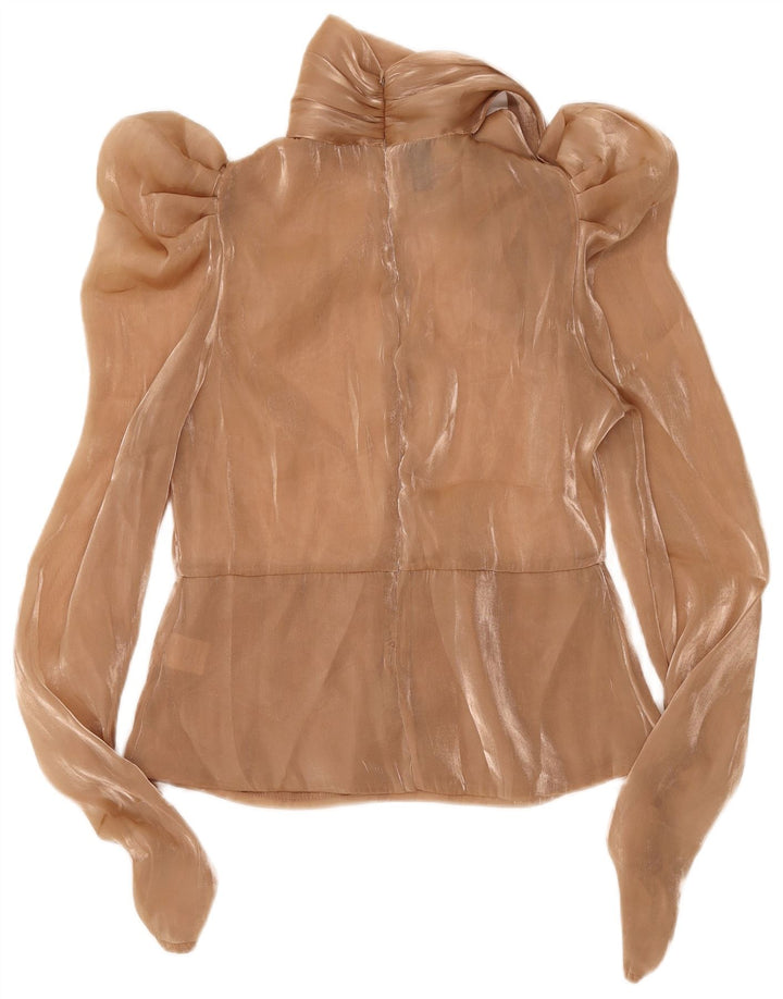 Top camicetta a maniche lunghe da donna vintage UK 10 piccolo poliestere screziato beige