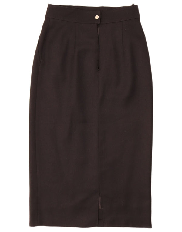 Gonna longuette a vita alta da donna vintage UK 10 piccola W26 lana nera