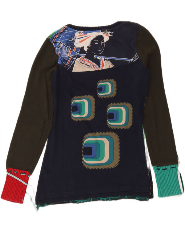 Desigual Donna Graphic Top Manica Lunga UK 14 Grande Blu Navy Floreale