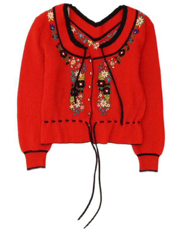 Maglione cardigan da donna vintage UK 14 rosso medio floreale
