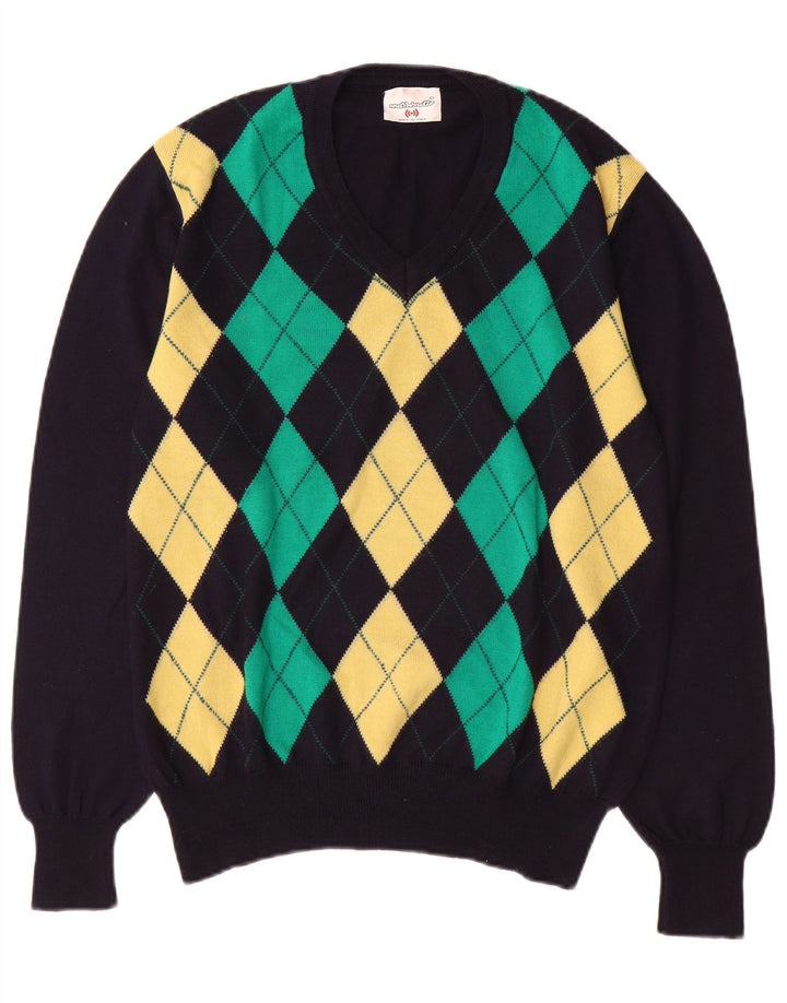Maglione da uomo con scollo a V Marronetto piccolo blu navy a rombi/lana diamante