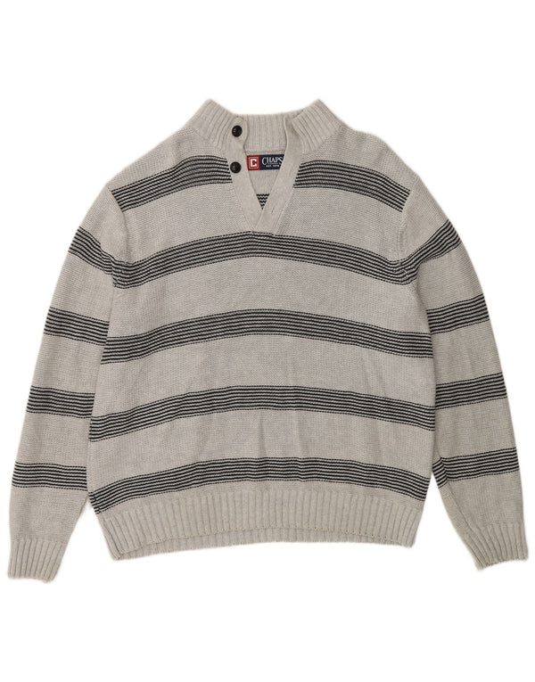 Chaps Mens Button Neck Jumper Sweater Large Grey Striped Cotton