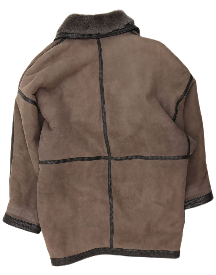Cappotto in shearling oversize da donna vintage UK 20 2XL in pelle grigia