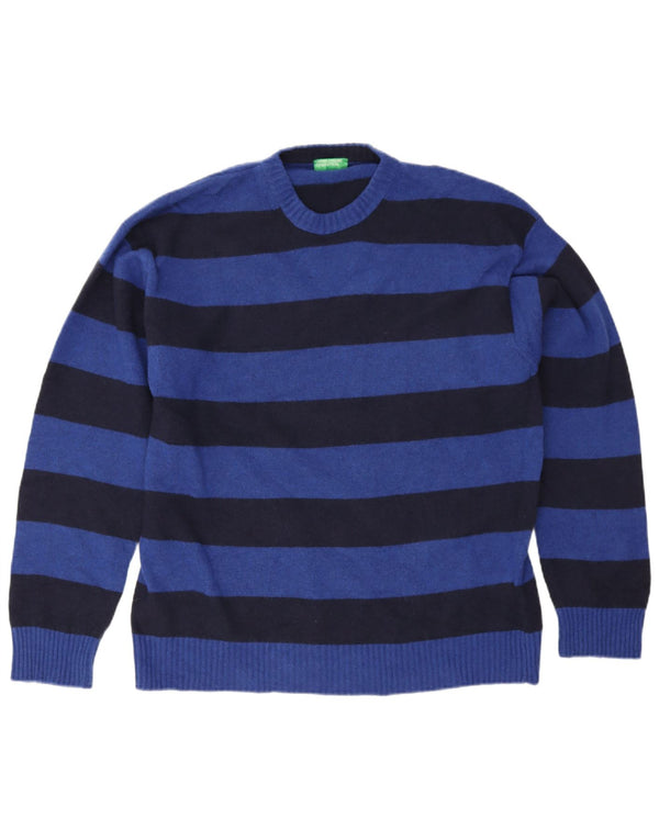 Maglione maglione girocollo da uomo Benetton 2XL lana a righe blu
