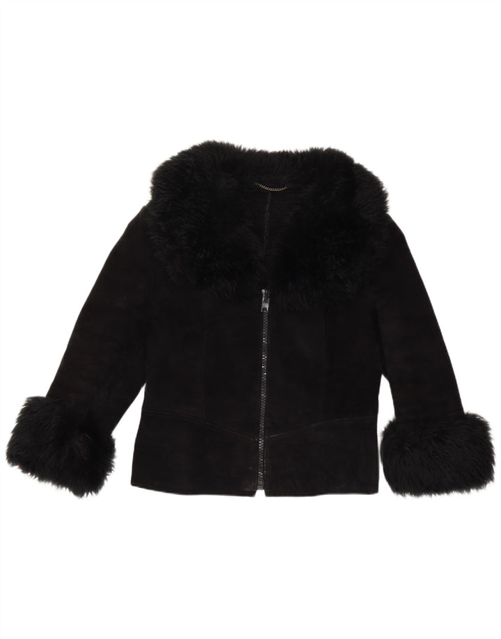 Giacca vintage in pelle scamosciata con maniche a 3/4 da donna UK 10 piccola nera