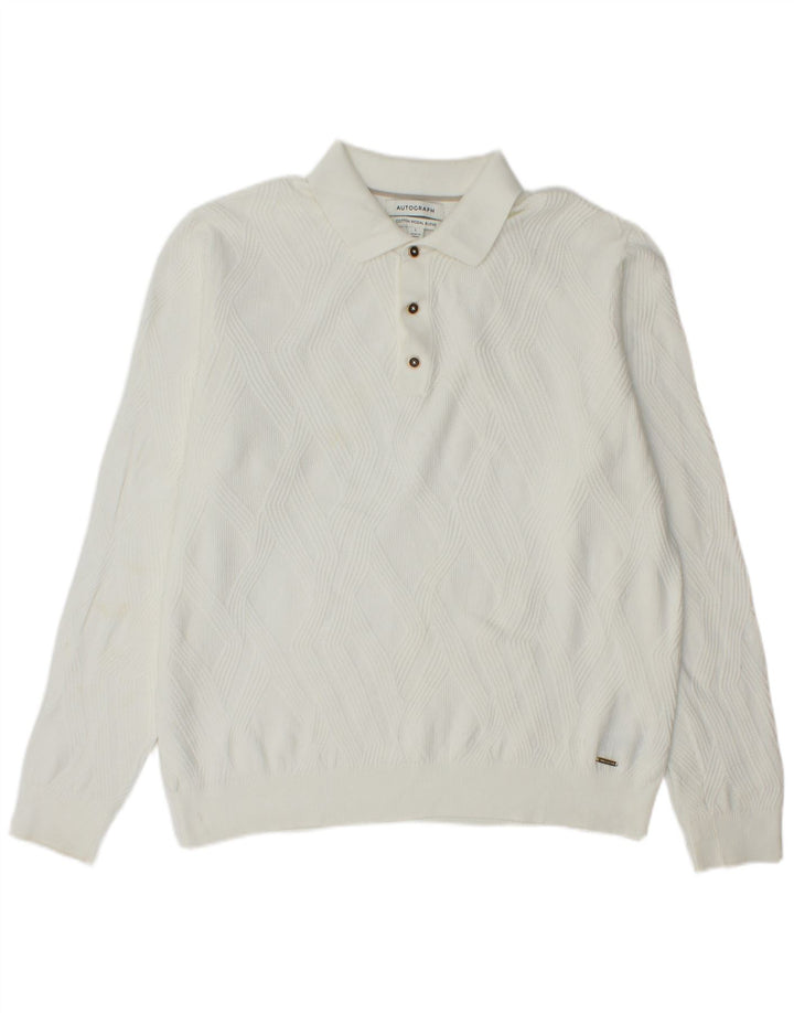Maglione da uomo con collo a polo autografato Marks & Spencer, grande cotone bianco
