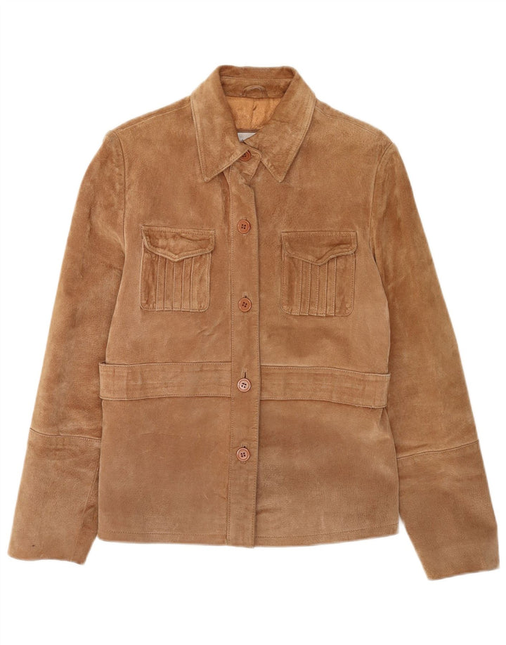 Giacca in pelle scamosciata da donna con bordo esterno UK 16 grande in pelle marrone