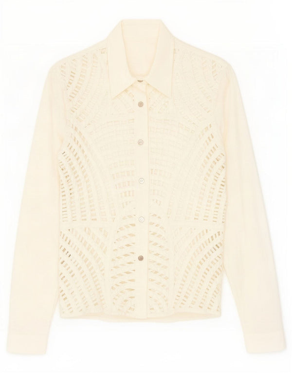 Camicetta vintage da donna a maniche lunghe trasparente IT 46 grande bianca