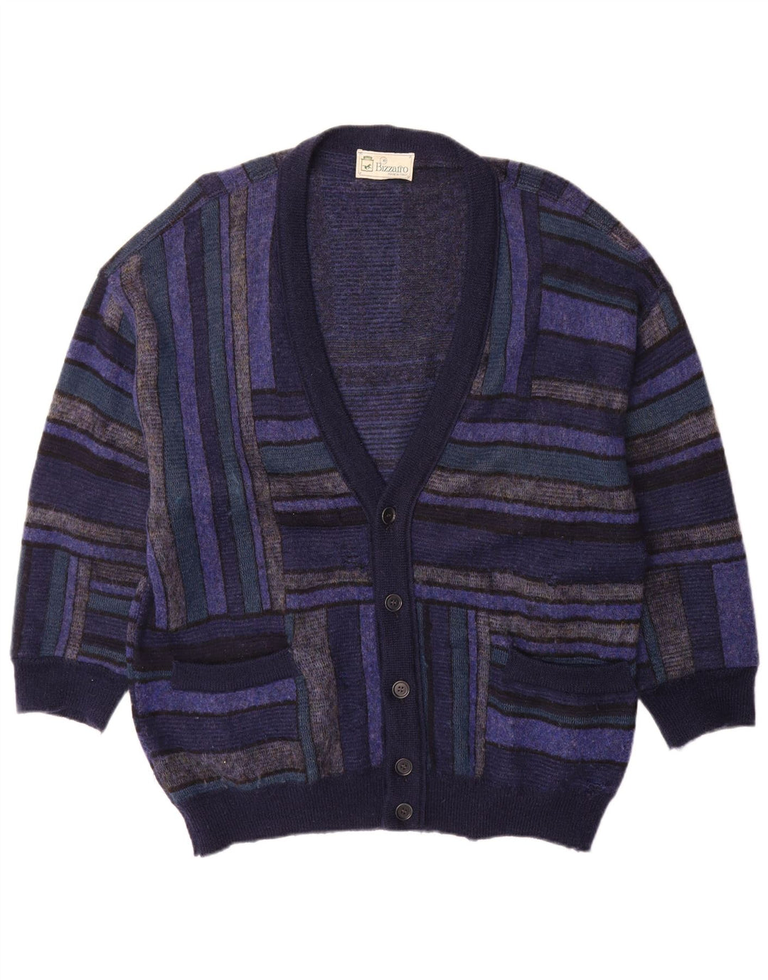 Maglione cardigan da uomo Bizzarro XL in lana a righe blu navy